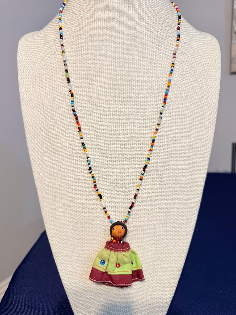 Vintage Cloth Doll Beaded Necklace 28”
